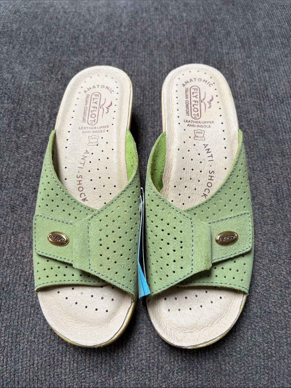 NWT Fly Flot Light Green Perforated Slip-On Mules Size 39